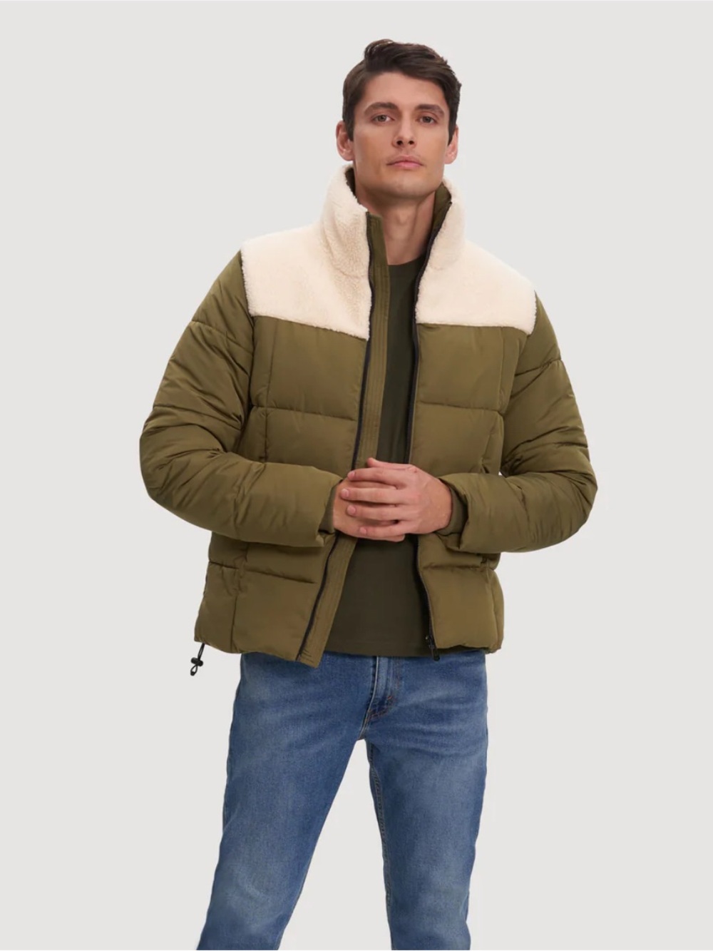 Noize Olive Green Sherpa Puffer Jacket